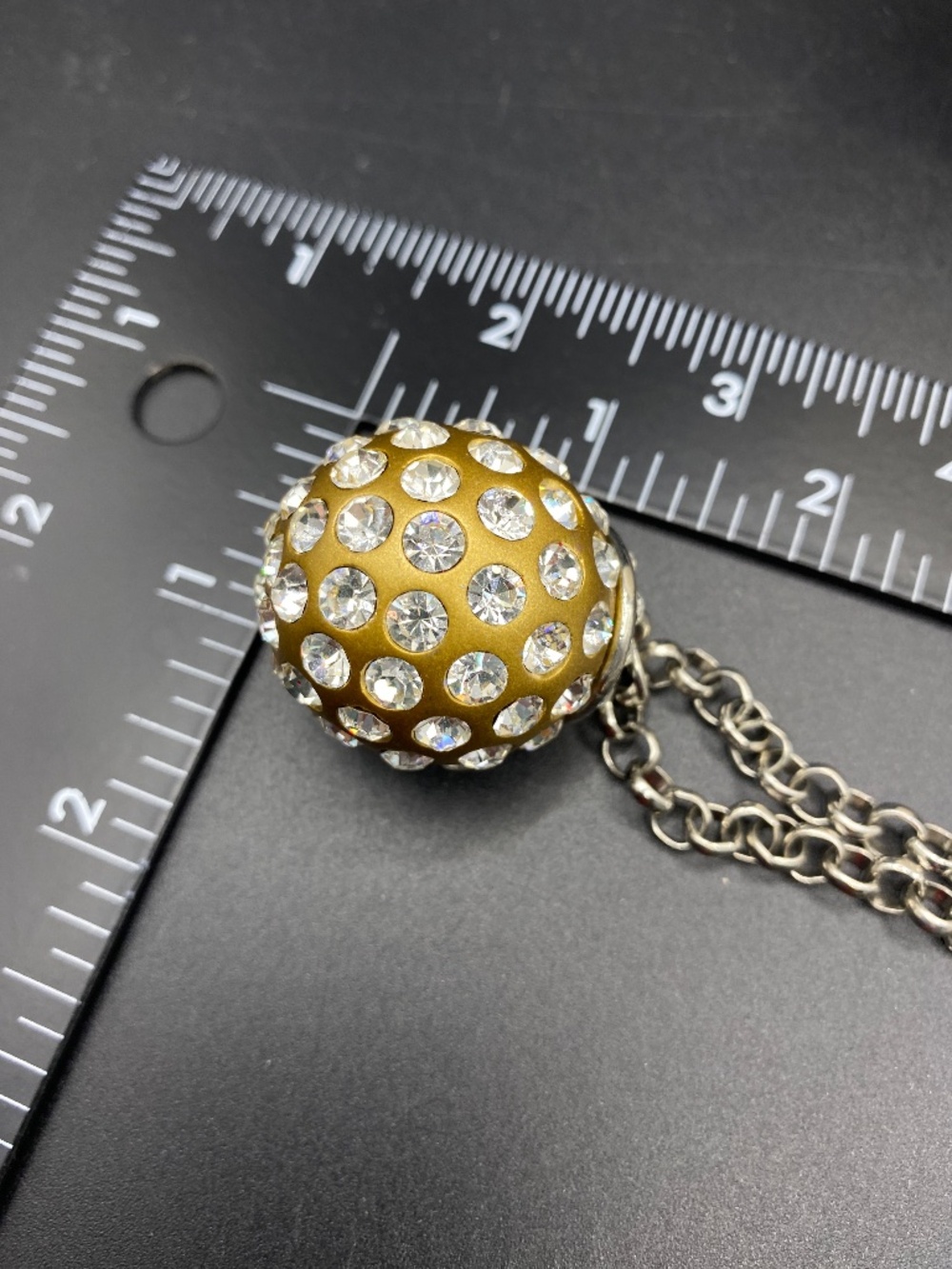 Gold Disco Ball With Rhinestones Pendant Silver Tone Chain Necklace - Picture 6 of 10
